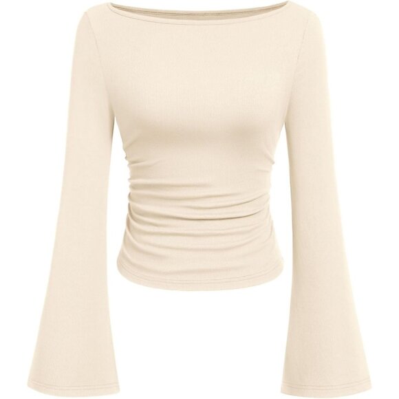 Women’s Long Sleeve Crop Tops 2025 Fall Boat Neck Bell Sleeve Ribbed Y2K Shirts - Picture 1 of 8